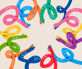 Funny long hands applaud. Clap around. Applause hands. Greetings, thanks, support. Colorful vector illustration
