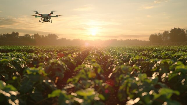 Organic Pest Control Drone Deploying Pheromone Traps in Sunlit Potato Field