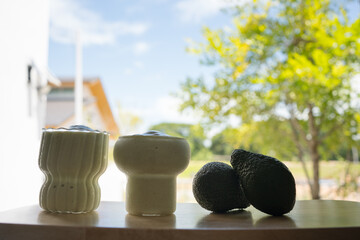 healthy breakfast with smoothie avocado put on table at rim of window