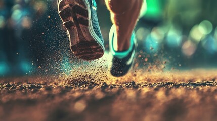 A close-up of a runner feet in motion, kicking off the ground at the start of a race, with the energy of competition palpable in the air.