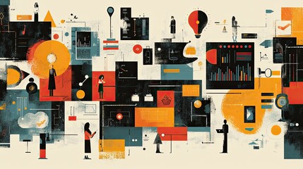 16. Graphic showing a blend of old-fashioned analog and modern digital tools, surrounded by diverse individuals, symbolizing the balance between tradition and innovation