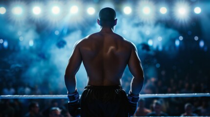 Under the bright lights, a boxer stands confidently in the ring, exuding strength and readiness for the fight ahead, with an electrifying atmosphere.