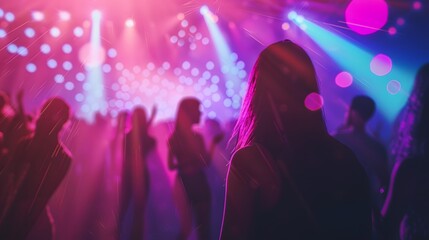 Obraz premium Crowd under neon lights, bokeh effect and beautiful mind visuals, rave atmosphere