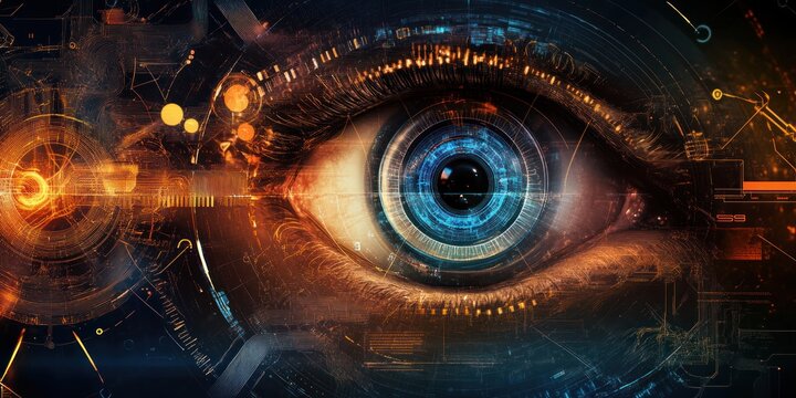 A conceptual eyesight background with abstract, overlapping eye diagrams and optical elements.