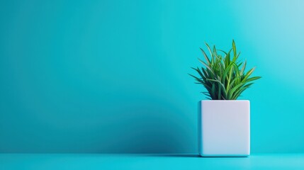 Fresh Turquoise Background with Potted Plant, Designed for Clean and Bright Minimalist Copyspace Settings