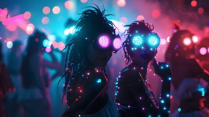 Fototapeta premium Rave dancers with glowing accessories, bokeh effect and futuristic feel