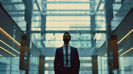 Fototapeta premium A silhouetted professional stands confidently in a modern glass-walled building under bright natural light.