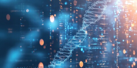 A clean DNA background with a subtle, transparent overlay of DNA sequences and genetic codes, creating a professional, research-oriented design.