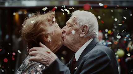 An elderly couple sharing a loving kiss with confetti falling around them, celebrating an intimate moment.