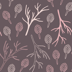 Floral doodle seamless pattern in pastel natural shades with small cones and tree branches