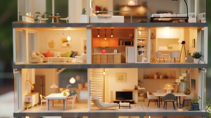 Fototapeta premium A meticulously detailed miniature dollhouse shows a fully furnished, multi-story home, each room thoughtfully decorated to create a cozy, lived-in feel.
