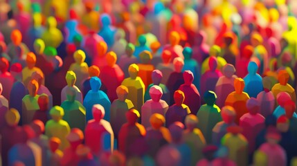 A vibrant sea of colorful, abstract human figures come together, creating a dynamic, mosaic appearance full of energy and diversity.