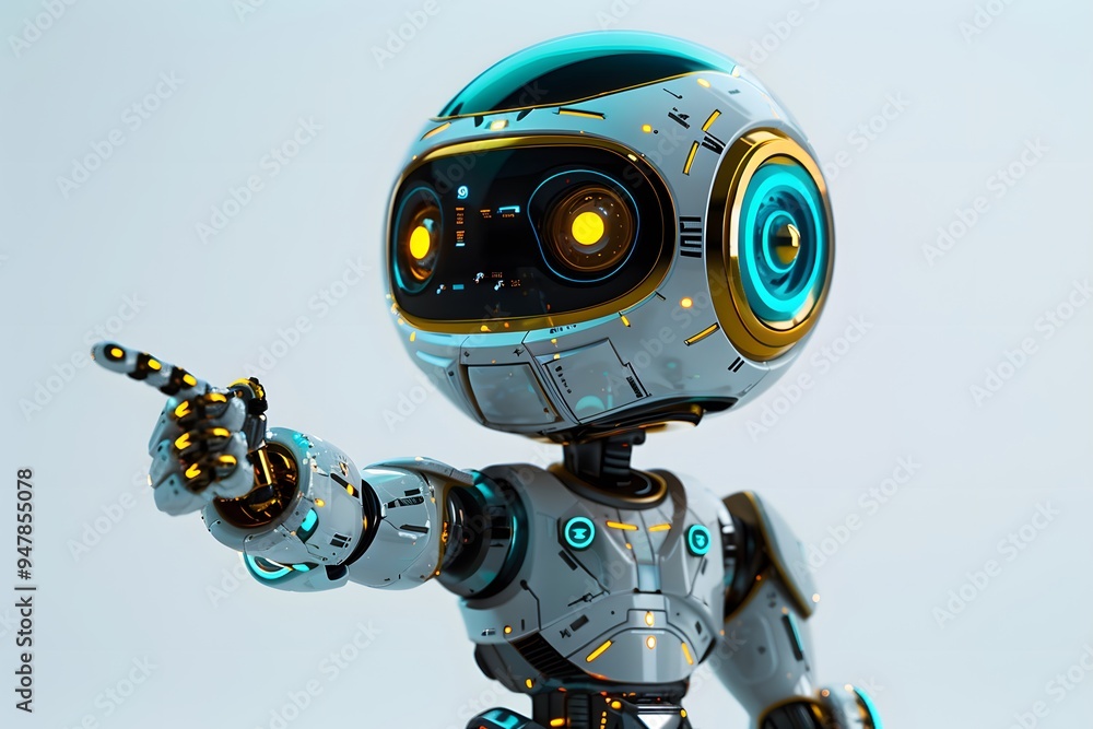 Poster futuristic robot character with bright eyes and pointing gesture