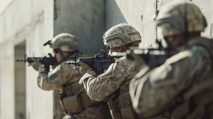 Fototapeta premium Soldiers in tactical gear aim their rifles, positioned strategically along a concrete wall during a coordinated training exercise.