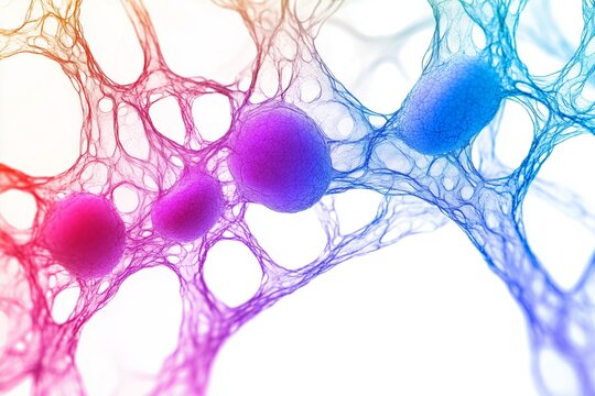 chain of multi color violet purple nerve cells nodes isolated on white background
