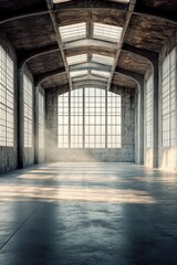 Fototapeta premium Sunlit Industrial Warehouse Interior with Large Windows and Concrete Floors