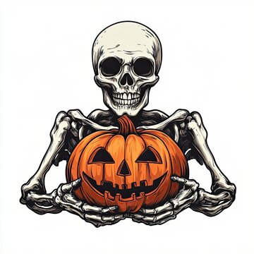 Skeleton holding jack-o'-lantern Halloween illustration, A detailed illustration of a skeleton holding a carved jack-o'-lantern, perfect for Halloween-themed designs and decorations.




