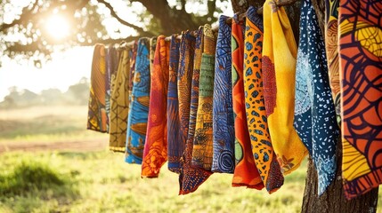 A vibrant collection of African dyed fabrics hanging in the sun, each piece telling a story through its colors and patterns, representing the rich culture of the region.