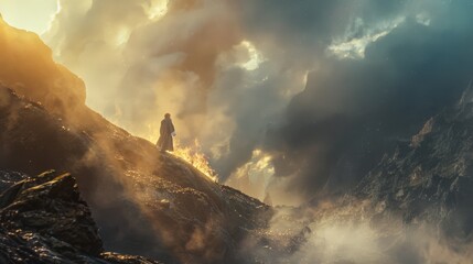 Fototapeta premium A lone figure stands on a mountain trail enshrouded in mist and clouds, evoking a sense of solitude and adventure.