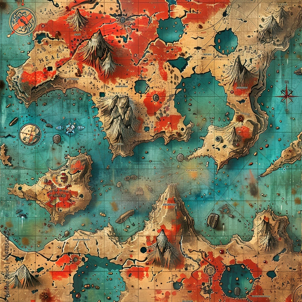 Poster Victorian style vintage sci-fi map on worn paper texture and retro colours