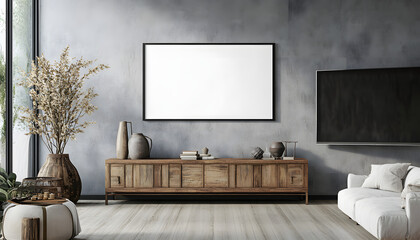 Empty White Frame Mockup on the Wall of a Living Room, Highlighting a Minimalistic and Modern Design Perfect for Showcasing Art or Photos in a Contemporary Home Setting, Ideal for Representing Themes 