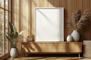 Poster Frame Mockup on Wooden Interior Background created with Generative AI