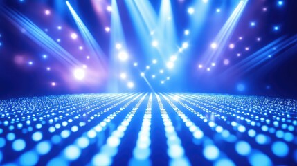 Obraz premium Stage lights backdrop, Dynamic pattern of moving lights, waves of color shifting across the stage, electric blue and white, kinetic energy, Abstract futuristic background.