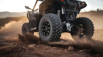 ATV Wheels Kicking Up Dust on Desert Offroad, Quad Bike Adventure in Desert Offroad Terrain, ATV Quad Bike Wheels in Action on Desert Trails