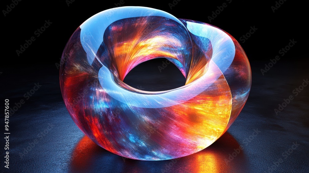 Poster 3d render iridescent glass twiste3d torus reflecting neon light in the dark simple geometric object 