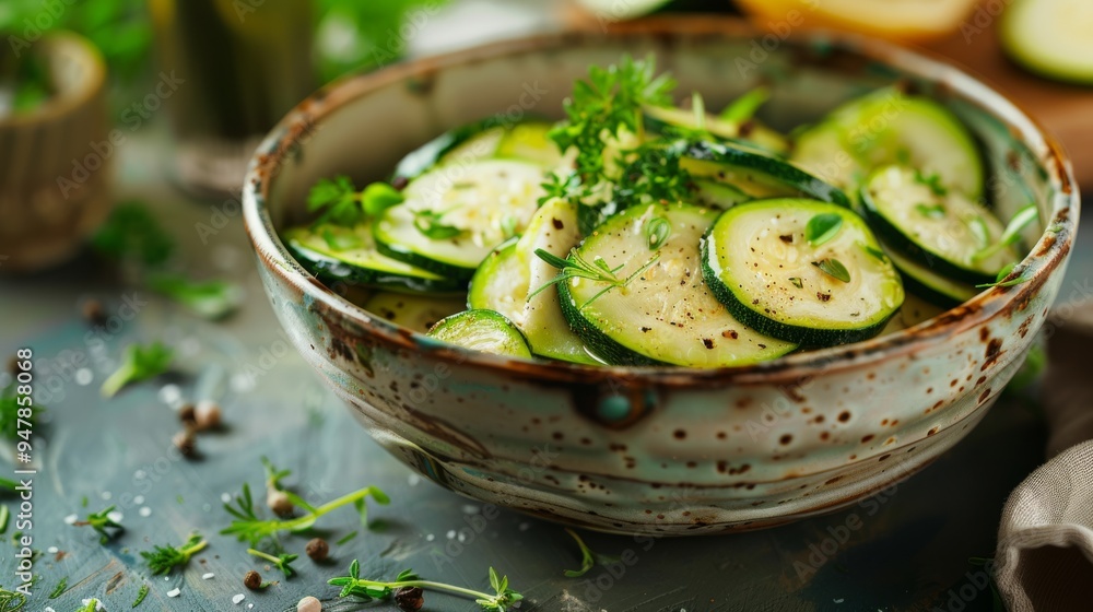 Sticker A rustic bowl brimming with freshly sliced cucumber, garnished with herbs, offering a crispy and refreshing culinary delight.