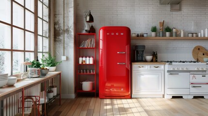 Rustic kitchen with a red fridge and open shelving filled with essentials, bathed in warm natural...