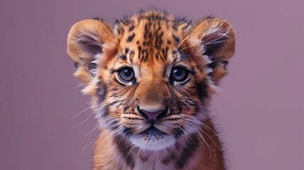 Sweet lion cub on a pastel purple background