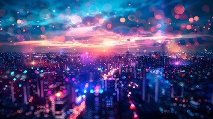 Fototapeta premium Magical Cityscape at Sunset with Bokeh Lights