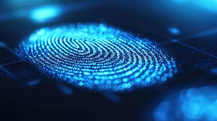 Close-up of a glowing blue fingerprint on a dark background, symbolizing digital identity, security, and biometric authentication technology.