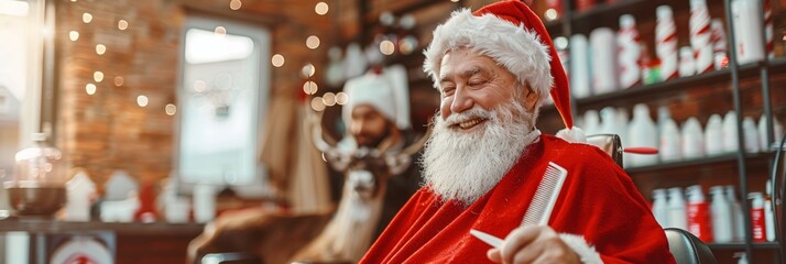 Smiling Senior Man Getting Beard Combed by Barber at Christmas, Festive Barbershop Experience