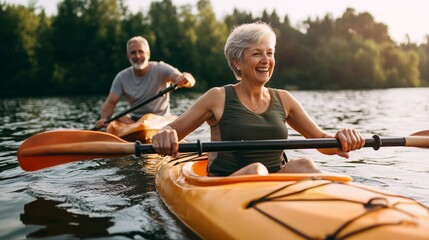 Couple enjoying a peaceful kayaking experience on a serene lake during a sunny afternoon