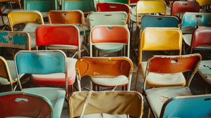A vibrant array of multicolored metal chairs arranged seemingly haphazardly, creating an eclectic and nostalgic scene hinting at gatherings or events.