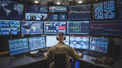 Soldier in Military Control Room with Headphones and Laptop, Military Control Room: Soldier Monitoring on Laptop, Soldier Using Laptop in High-Tech Military Control Room