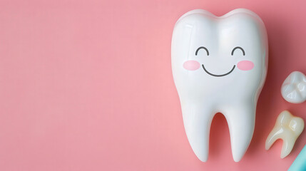 Cheerful Tooth Illustration, playful character on a soft pastel background, inviting and friendly design, ideal for dental themes or children's educational materials.