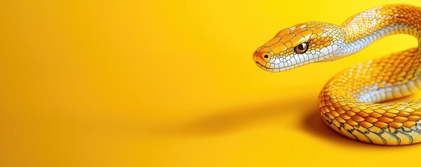 Obraz premium Close-up of a vibrant yellow snake against a yellow background, showcasing its scales and intense gaze in a striking composition.