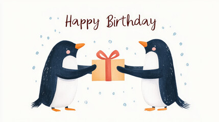 Obraz premium A pair of cute penguins exchanging gifts, with a wintery background and 
