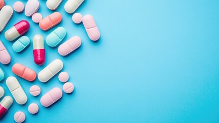 Colorful medicine tablets antibiotic pills on soft background with copy space