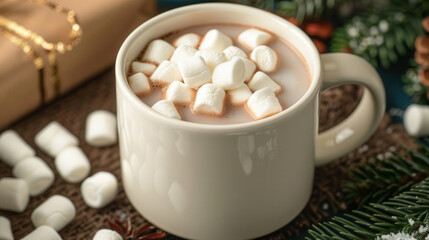 Cozy Christmas Cocoa, a steaming mug of rich hot cocoa topped with fluffy marshmallows, radiates warmth and comfort on a festive holiday morning.