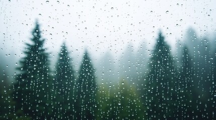 Raindrops on Window with Foggy Forest, intimate view of delicate droplets clinging to glass, soft focus on lush greenery beyond, inviting space for text or messages