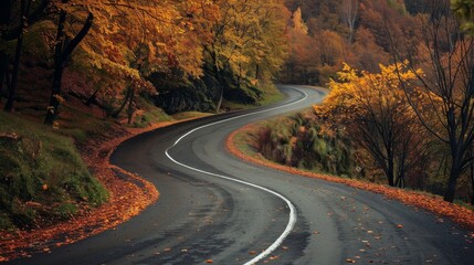 Naklejka premium A serene country road winding through vibrant autumn foliage, with colorful leaves lining the curved path.