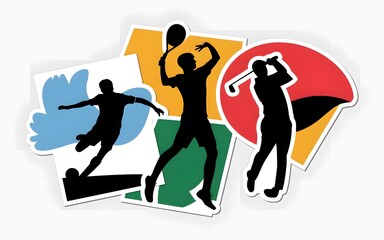 Silhouettes of a soccer player kicking a ball, a tennis player serving, and a golfer swinging a club, placed like stickers on a white canvas.