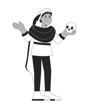 recommend clip art: African american theatre kid black and white 2D line character. Young actor Shakespeare play. Black boy performing Hamlet holding skull isolated vector outline person. Monochromatic spot illustration