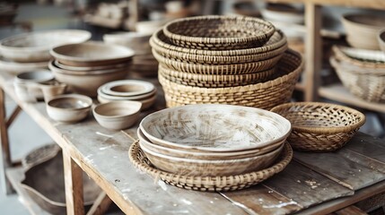 Crafting clay handwoven pottery dishes on the table
