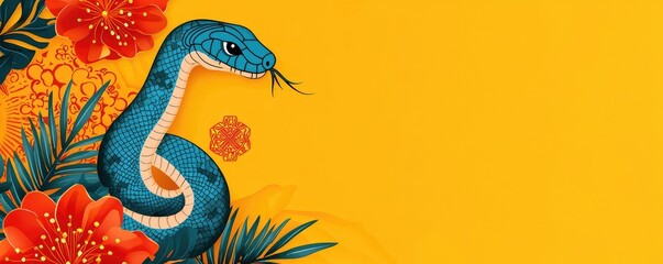 Obraz premium Colorful illustration of a blue snake with vibrant red flowers and tropical leaves on a yellow background, representing nature and wildlife.