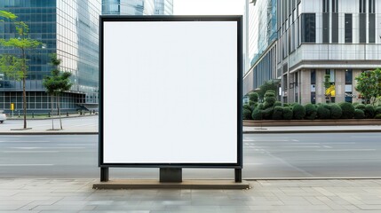 Obraz premium Urban Billboard in Modern Cityscape, an empty roadside billboard set against sleek skyscrapers and contemporary architecture, highlighting urban advertising potential amidst city life